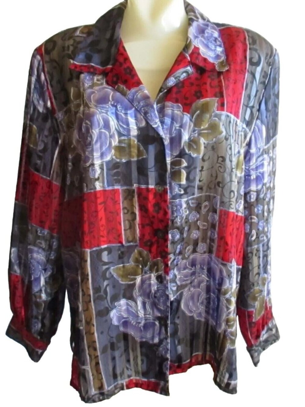 True Vintage Women's Blouse 14P 1990's Allison Daley Petites Shiny Padded Granny